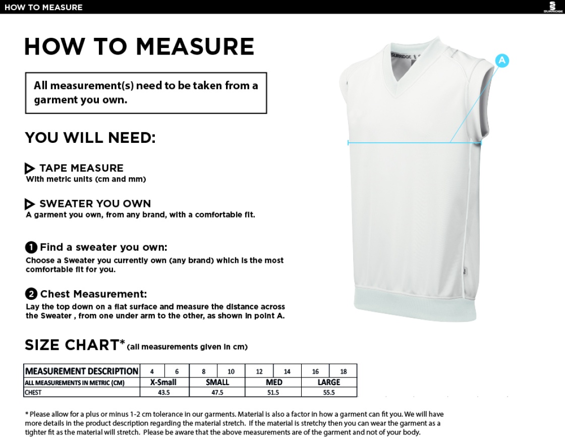 Earl Stonham CC Blast Sleeveless Women's Cricket Sweater - Size Guide
