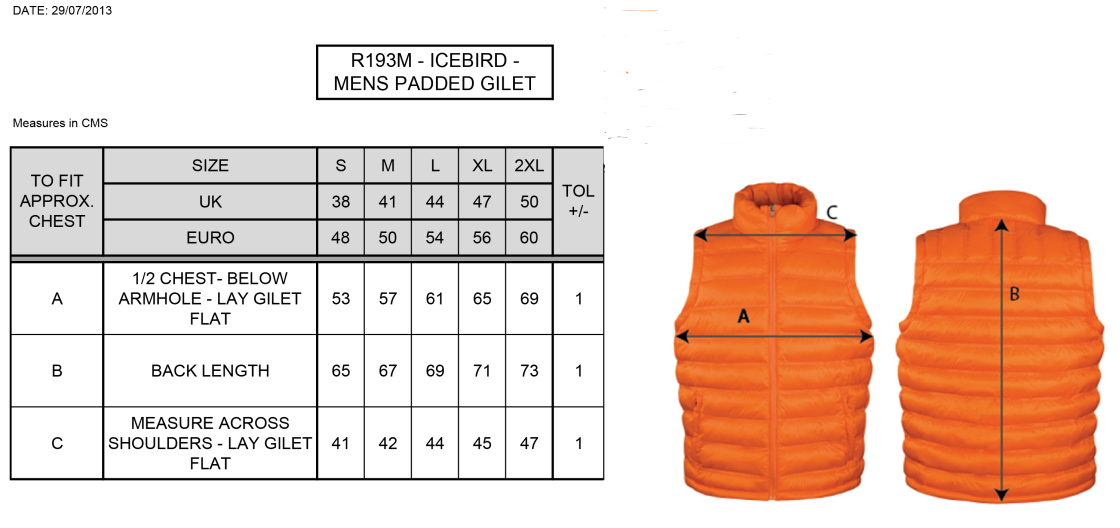 Padded Gilet : Navy - Size Guide