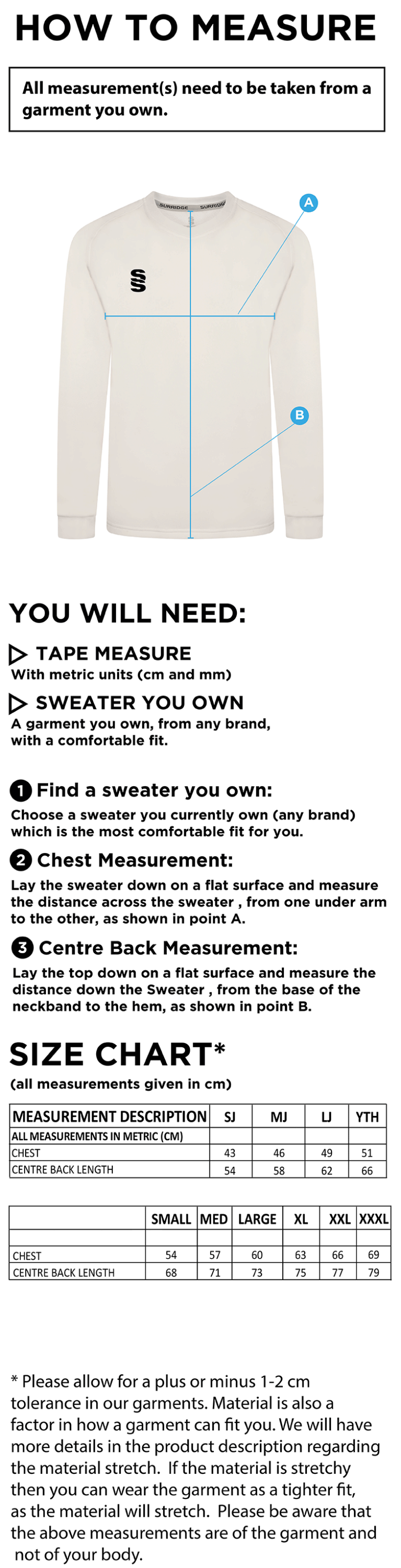 Earl Stonham CC Blast Long Sleeve Cricket Sweater - Size Guide