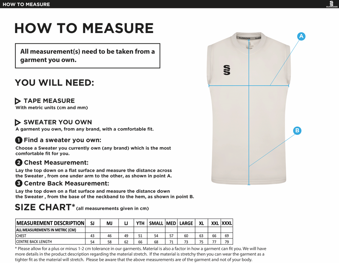Earl Stonham CC Blast Sleeveless Cricket Sweater - Size Guide