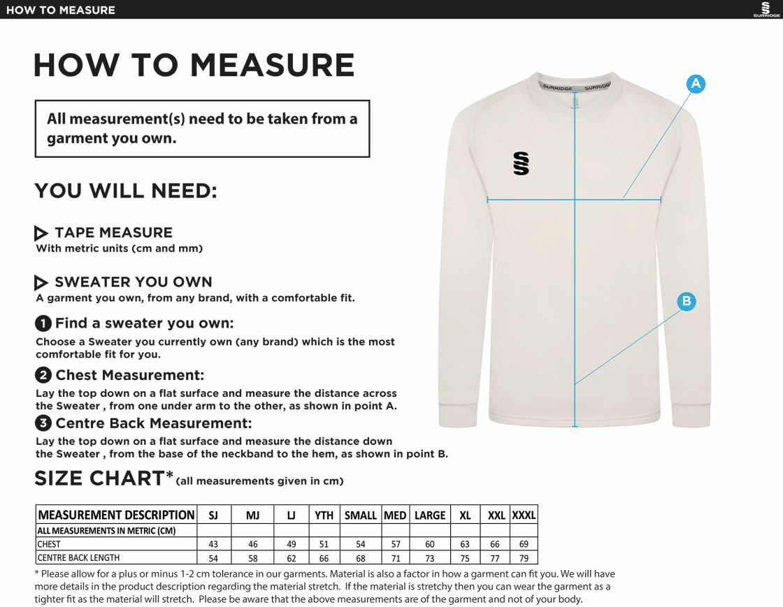 Earl Stonham CC Blast Long Sleeve Cricket Sweater - Size Guide
