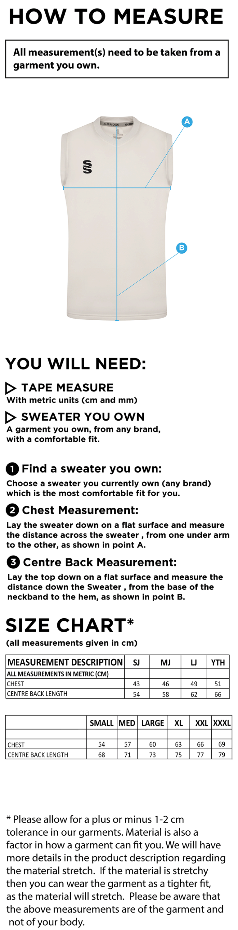 Earl Stonham CC Blast Sleeveless Cricket Sweater - Size Guide