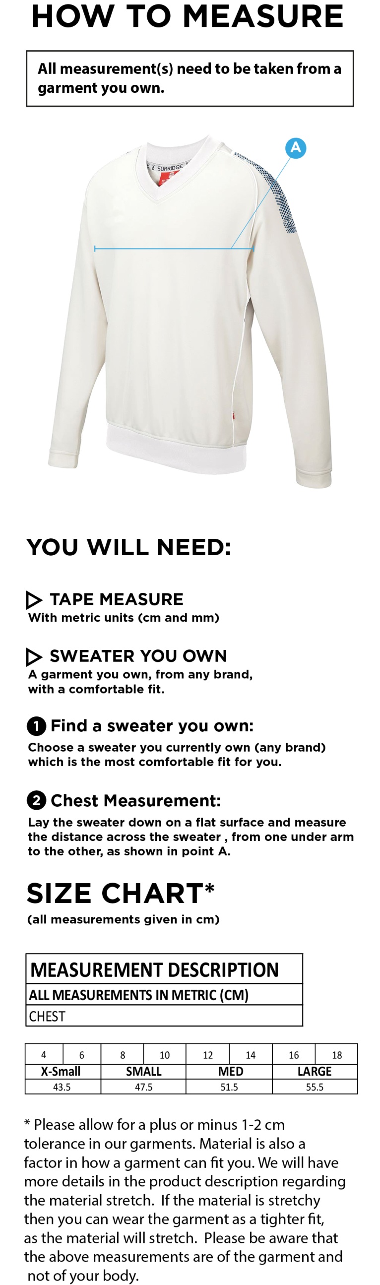 Earl Stonham CC Blast Long Sleeve Women's Cricket Sweater - Size Guide