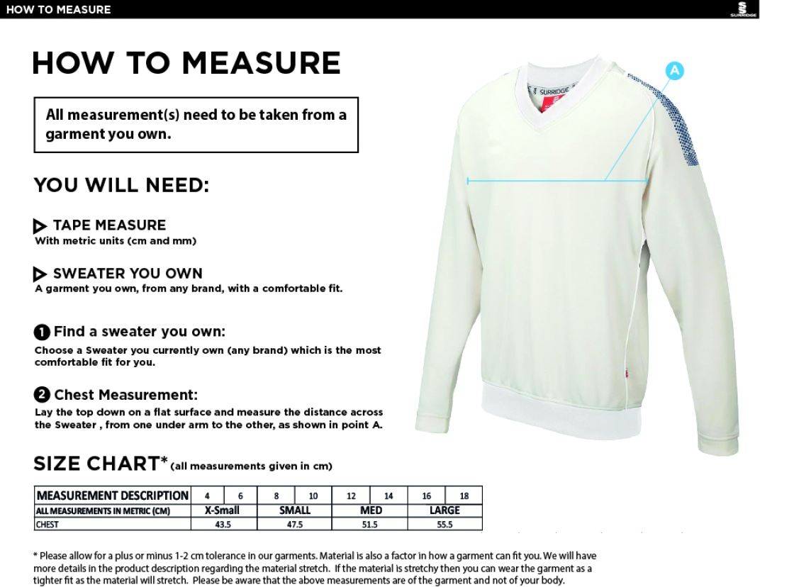 Earl Stonham CC Blast Long Sleeve Women's Cricket Sweater - Size Guide