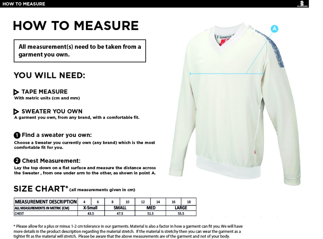 Earl Stonham CC Blast Long Sleeve Women's Cricket Sweater - Size Guide